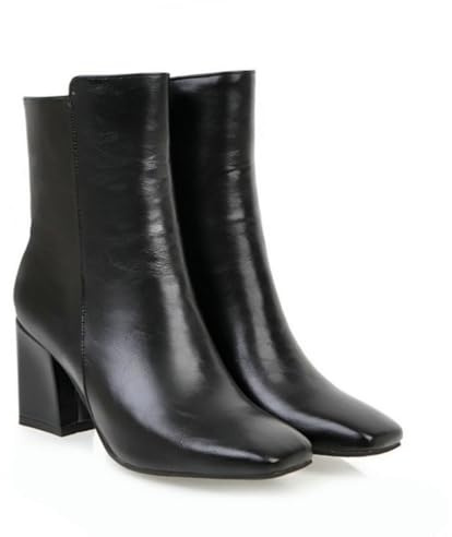 Botines de Tobillo para Mujer de Punta Cuadrada Botines Cortos con Cremallera Lateral para un Vestir Elegante en otoño e Invierno,Negro,42 EU