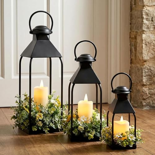 Set de 3 Linternas Candelabros Decorativos de Velas, Linterna Rústica Candelabro Metal - Sin Velas, Faroles Interior al Aire Libre para Decoración Patio Fiesta Navidad Halloween Boda Centros Mesa