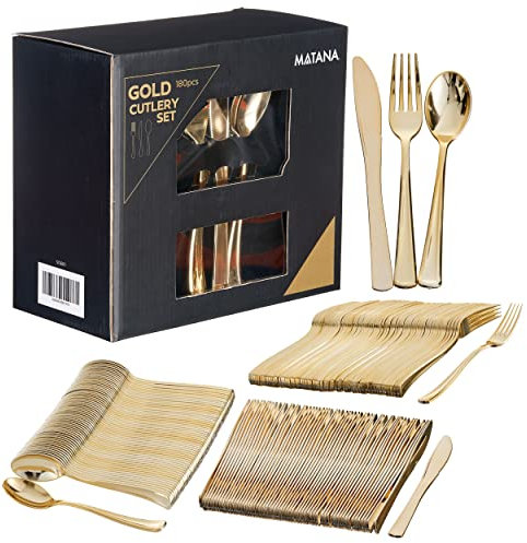 MATANA - 180 Elegant Gold Plastic Cutlery Set - 60 Knives, 60 Forks, 60 Spoons - Hand Washable, Reusable & Heavy Duty Tableware for Weddings, Birthday, Parties & Events