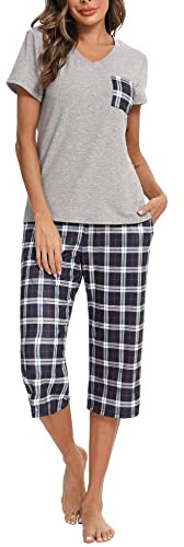iClosam Pijama Mujer Verano Camisetas Manga Corta y Pantalón Capri Cuadros | Top Cuello en V, Bolsillo de Pecho, Conjunto de 2 Piezas, Algodon Comodo, Tacto Ligero, Uso Interior, Hogar, Casa Diario