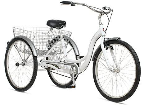 Schwinn Meridian Adult Tricycle Bike, Mens and Womens Three Wheel Beach Cruiser, 26-Inch Wheels, Low Step-Through Frame, Wide Seat, Rear Folding Basket, Single-Speed, White