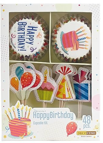 DECOCINO Muffin-Set Happy Birthday 48-tlg. - 24 Cupcake-Förmchen mit Ø 5 cm & 24 Muffin-Topper aus Papier, ideale Deko für Kinder-Geburtstage