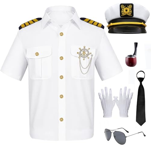 Mprocen Captain Costume Captain Shirt Captain Sailor Costume with Navy hat Pipe Sunglasses Tie Gold Anchor Pin Gloves Men Fancy Dress Costumes
