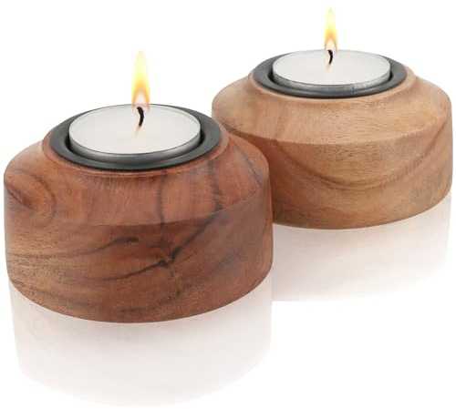 COM-FOUR® 2X photophore en Bois d'acacia - bougeoir avec Base en Bois d'acacia - bougeoir en Bois pour Bougies Chauffe-Plat et Bougies votives jusqu'à 4 cm Ø (02 pièces - Bois d'acacia)