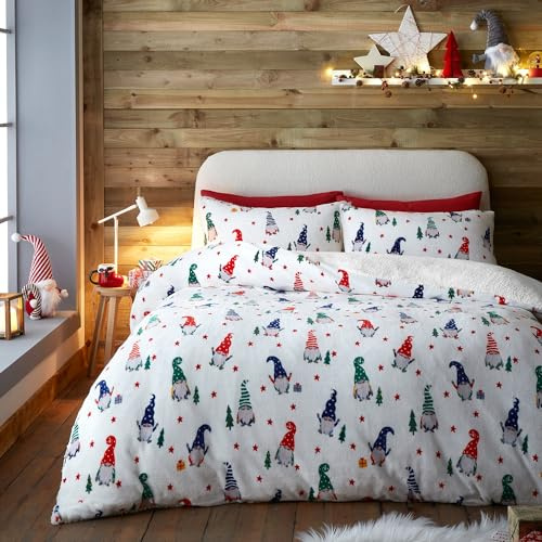 Fusion Christmas Gonk Duvet Cover Double Bed Teddy Fleece Xmas Bedding (200x200cm) – Reversible – 2 Pillowcases – White Gnome Design – Soft Festive Bedding, Gonks
