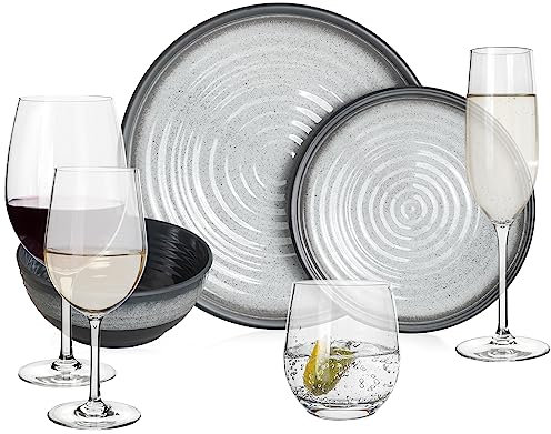 Vaisselle de camping en mélamine pour 4 personnes Gris pierre + 16 verres Timo Verres à eau Verres à vin Verres à champagne Flûtes Vaisselle de table pique-nique BBQ Batterie de cuisine