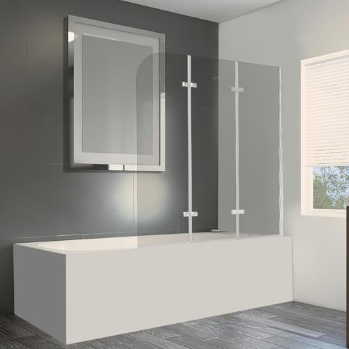 Jopassy Duschvägg för badkar, 120 x 140 cm, 3 delar, hopfällbar duschvägg med 6 mm ESG-säkerhetsglas, silvertransparent, för badkar, duschvägg, glas, badvägg med fäste för badkar