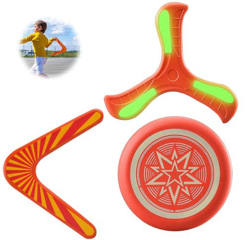 FeiFanChoice Wooden Boomerang, 2PCS Boomerang with 1 Frisbee for Teenager Adult Pets, Returning Boomerang Sports Game Toy Suitable for Outdoor Outing Beach Toys