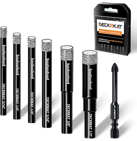 DECKRKAT 7-Piece Dry Diamond Drill Bits & Carbide Tile Drill Bit Set for Tile,Ceramic,Marble,Porcelain,Glass & Granite- 3/16, 1/4 (x2), 5/16, 3/8, 1/2 + 1/4 Masonry Bit