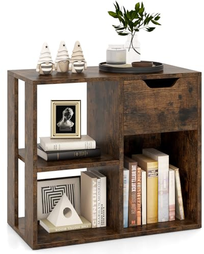 COSTWAY Bücherregal Holz, Würfelregal mit Schublade und 3 Fächern, Büroregal Raumteiler, Standregal für Wohnzimmer, Schlafzimmer, Büro, Kinderzimmer 60 x 30 x 53 cm (braun)