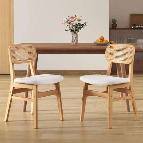 chairus Lot de 2 Chaises de Salle à Manger en Fausse Fourrure, Chaise de Cuisine à Dossier en Rotin, Chaise Cannage avec Pieds en Bois, Beige-2