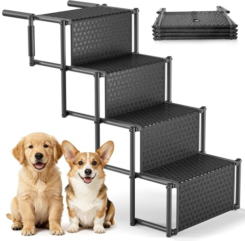 4 Marches Escalier pour Chien Pliable, avec Surface Antidérapante Et Mousqueton, Rampe pour Chien pour SUV Et Camion (Supporte Jusqu'à 80 KG)