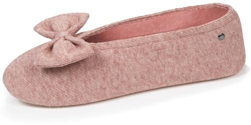 Isotoner Chaussons pantoufles Ballerines femme ultra confortables, semelle en cuir, détail grand nœud, 35/36, rose chiné