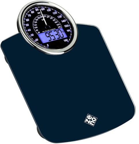 ZENO Bilancia Pesapersone Ibrida - NUOVO - Digitale & Analogica 2-in-1 - Fino a 180 kg - Ampio Display con Retroilluminazione - Robusto Vetro Temperato - Lettura Facile - Blu scuro