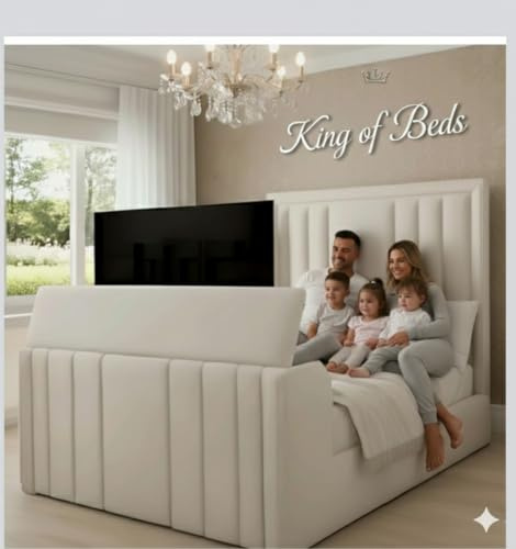 Luxury Velvet TV Bed Frame with Ottoman Storage, Electric TV Lift, Double/King/Super King Sizes, Modern Sleigh Panel Design (Cream Plush, 5ft king Size With Storage)