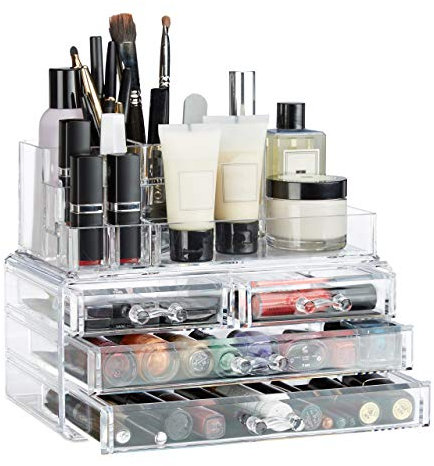 Relaxdays 1 x Make Up Organizer mit 4 Schubladen, Kosmetik Halter Nagellack u. Lippenstift, Acryl Make Up Kit, transparent