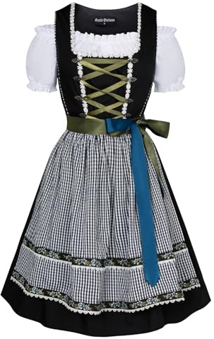 SCARLET DARKNESS Women Dirndl Oktoberfest 3 Pieces Plaid Outfit Halloween Midi Dress, Blouse, Apron Black White Plaid XXL