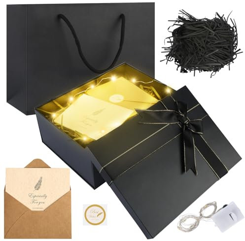 Geschenkbox mit Deckel, 22,5 x 16 x 8,5cm Schwarze Geschenkbox Geburtstag, Geschenkverpackung mit Grußkarte, Lichterkette, Bast und Tragetasche, Geschenkkarton für Hochzeit, Geburtstag