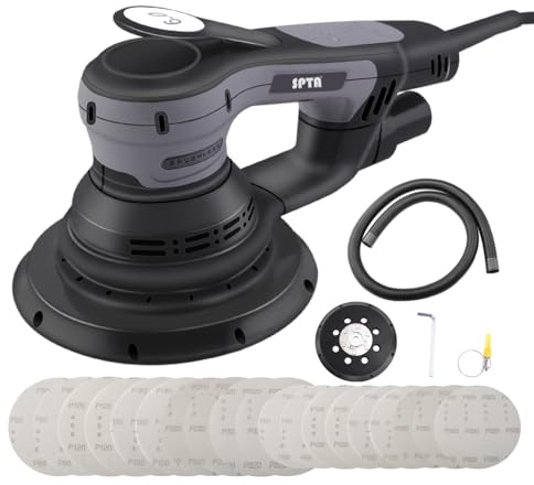 SPTA Elektrischer Exzenterschleifer, Bürstenloser Exzenterschleifer,mit 125mm/150mm Schleifteller,6mm Schleifhub, 5-Stufiger Drehzahlregelung bis 4.000-10.000 U/min, 20x Klett-Schleifpapier.-OS606EU