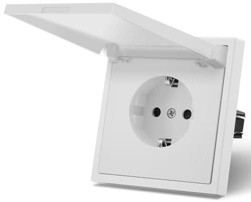 MVAVA Enchufe Exterior,Enchufes pared Con Garfio,Empotrable Estándar,Tapa con Protección,Placa de Mate,Seguridad infantil,1 Enchufe con Tapa,80mm Blanco