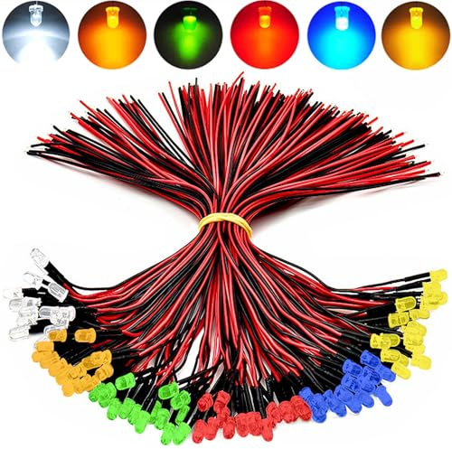 120 st 3 mm 12 V förkopplade LED-dioder, flerfärgade LED-dioder med 20 cm 12 V kabel, förkopplade för modellbygge (vit, röd, gul, grön, blå, orange)