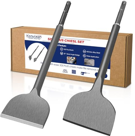 Konvixon Juego de 2 Cincele SDS Plus, Cincel Plano y Angular de 20°, 250mm x 75mm, Acero Aleado 40Cr, Cinceles para Martillo Demoledor, Cincel SDS para Azulejos, Hormigón, Mampostería, Yeso