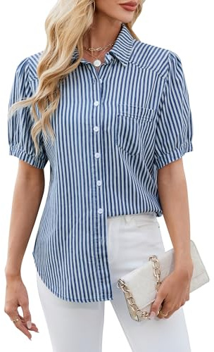 BMJL Womens Denim Shirt Business Casual Button Down Work Blouses Puff Sleeve Summer Tops, Dark Blue Striped, XL