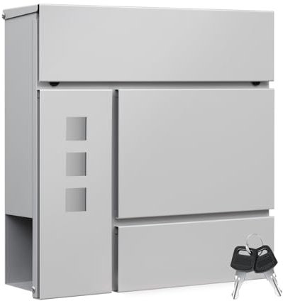 WOLTU Buzón de Correo, Buzon de Pared con 3 Ventanillas, Buzón Exterior de Aleación, Buzón Correo Individual con 2 Llaves, Tapa Abatible y Zona para Periodicos, Gris, 37x10,5x37 cm