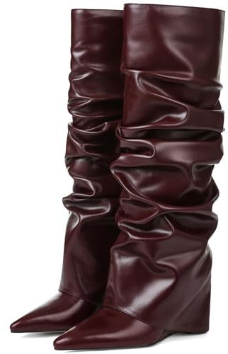 Oiamenne Women's Fold Over Boots Slouched Ruched Knee High Boots for Women Wedge Heel Pointed Toe Tall Boot Wide Calf Pull-on Casual Boots Size 8