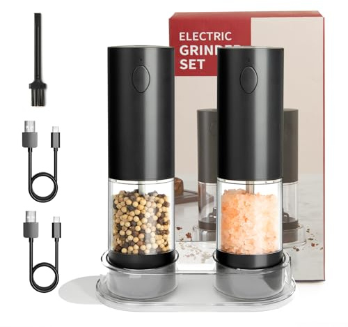 XXFLOWER Electric Pepper and Salt Grinder 2 Pack, USB Rechargeable Automatic Stainless Steel Pepper Mill with LED Light for BBQ, Kitchen, Restaurant, Picnic, Camping(Black)