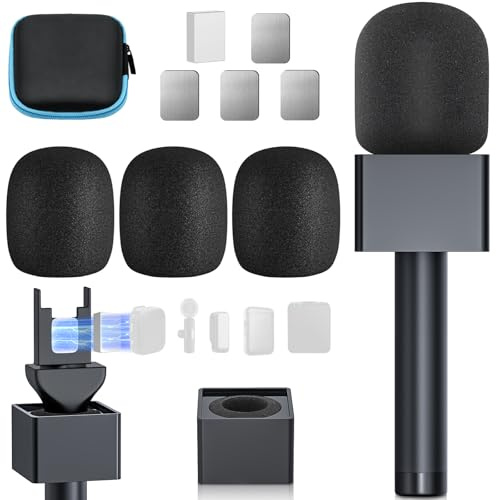 Handheld Adaptor for Interview Mic, Mic Handle Compatible with DJI, Rode and All Lav Microphone, Wireless Microphone Handle, Mic Holder with 3 Pop Filter and Flag Station for Vlogging, Reports