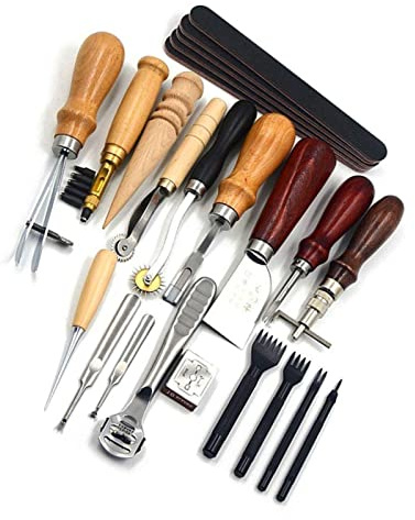 Dioche Mångsidiga Läderhantverksverktygsset - 19st Leatherworking Kit för Sömnad, Snidning och -projekt Solid Metal Construction för Långvarig Användning