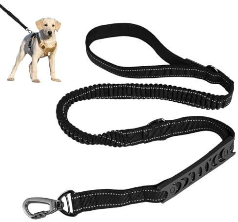 Bungee Laisse pour Chien, 1,2 à 1,8 m, Noir Laisse Tactique, avec 2 Poignées Rembourrées, Coutures Réfléchissantes, pour Les Chiens de Taille Moyenne, Grande, X-Grand