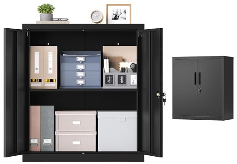 SONGMICS Armadio Portadocumenti, Armadietto in Metallo, Mobile da Ufficio con Chiusura, 2 Ante, Acciaio, 80 x 40 x 90 cm, Ripiano Regolabile, Nero Opaco OMC019BD01