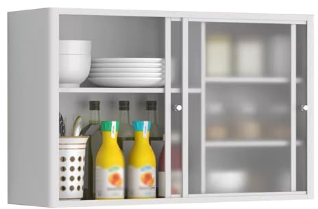 Skjutdörrsskåp i rostfritt stål – justerbara hyllor för kök, garage, kontor, bar, övre toalett och badrum övre skåp – modern vägg