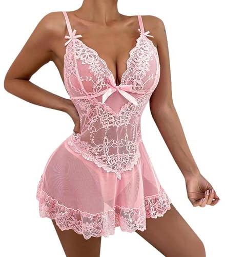 cdbsdvico Lingerie Sexy Femme Érotique Hot Dentelle Lingerie Babydoll Col V Nuisette Sensuelle Feminins Sexy Érotique avec String Ensemble sous-Vêtements Robe De Nuit Transparente Tenue Chic