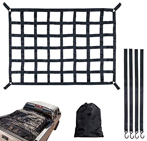 Fukamou Filet de Chargement Extensible et résistant, Noir, pour Camionnette, Camion, Remorque, avec Mousquetons, en Sangle, Taille L: 208x127 cm, Ouverture de Mailles: 5 cm