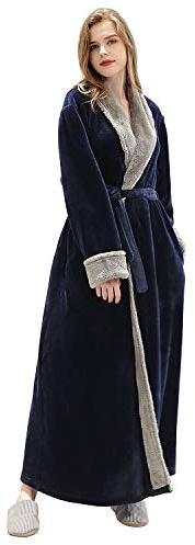PUTUO Womens Bathrobe Ladies Soft Fleece Dressing Gown Winter Warm Long Robes Housecoat Loungewear Fluffy Nightwear, Navy, M