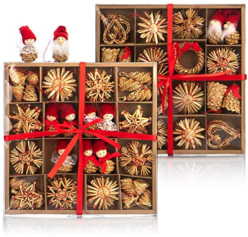 COM-FOUR® Juego de Estrellas de Paja de 112 Piezas - Estrellas, Campanas, abetos y Figuras Tradicionales - pequeños Colgantes de Paja como Adornos - Colgantes Naturales para árboles de Navidad
