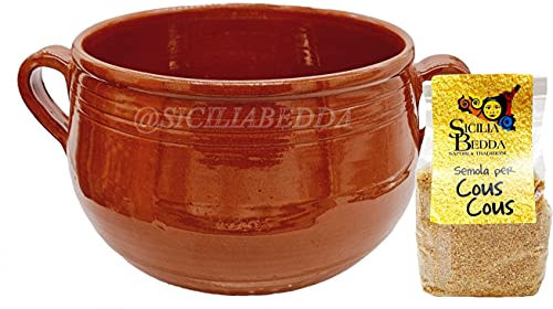 sicilia bedda - Couscoussiera Trapanese in Terracotta - Prodotto 100% Artigianale Come da Tradizione Trapanese - con Semola per Couscous Trapanese (Diametro 18 Cm. Circa)