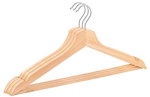 Springos - Set di 3 grucce appendiabiti in legno, 43 cm, legno naturale, collezione, gancio girevole, mollette per gonne, barra per pantaloni, appendiabiti, grucce per camicie, colore naturale