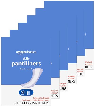 Amazon Basics Daily Pantiliner, Regular Length, Feminine Pads for Women, Unscented, 300 Count (6 Packs of 50) (Previously Solimo)
