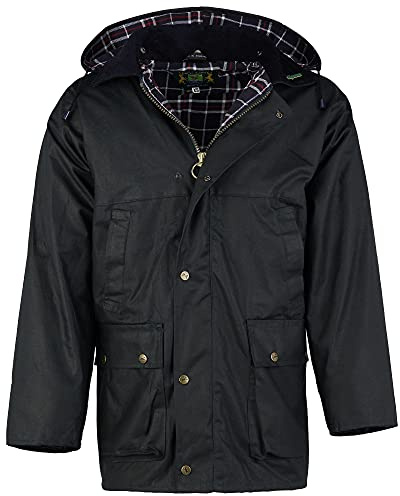 Romneys Chaqueta de cera Country – clásica chaqueta inglesa para exterior de algodón encerado, impermeable y cortavientos, robusta chaqueta de lluvia con capucha para mujer y hombre, azul marino, L