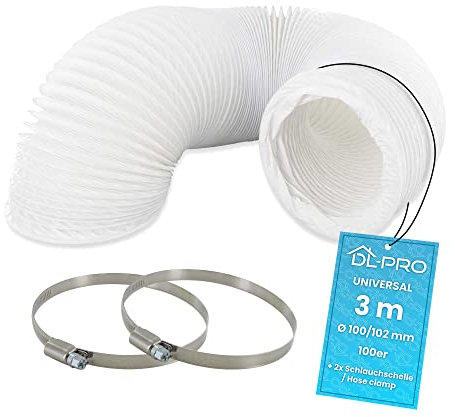 DL-pro 3m Abluftschlauch Ø100 mm (Innenmaß) – kompatibel mit Klimaanlage, Dunstabzug, Trockner – inkl. 2 Schlauchschellen – PVC Flexrohr weiß – NICHT für Ø102 mm Geräte