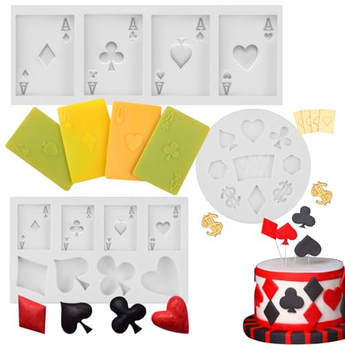 3 Pieces Poker Silicone Molds Playing Cards Casino Themed Fondant Mold 3D Sugar Craft Chocolate Candy Mold for Cake Candy Decorations