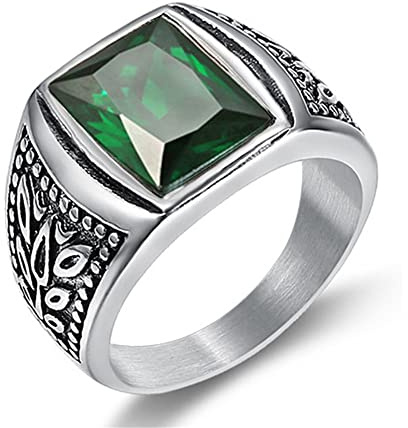 SINLEO Men's Stainless Steel Vintage Cubic Zirconia Signet Ring Black Red Green Emerald Color Square Stone Ring, Green Size 9