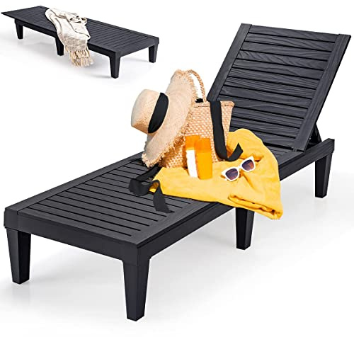 RELAX4LIFE Lettino Prendisole, Lettino da Giardino con Schienale Regolabile a 5 Livelli, Doghe Ventilate, Sdraio da Esterno Impermeabile per Spiaggia e Piscina, Max 180kg (1, Nero, 190x58x29-85cm)
