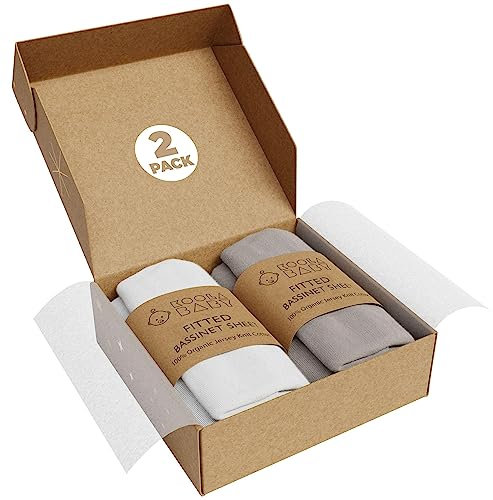 Stubenwagen-Spannbetttuch für Stubenwagen-Matratze, 100 % Bio-Jersey-Baumwolle, kuschelig weich und gemütlich, Spannbettlaken für ovale rechteckige und KoolaBaby-Nachttischschläfer, Weiß und Grau,