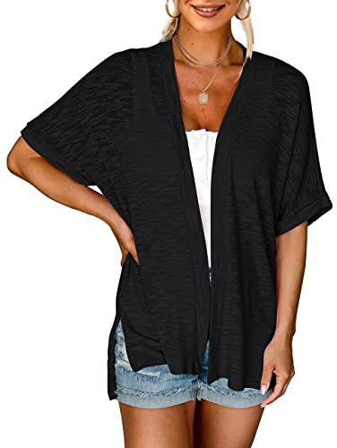 MEROKEETY Women's 2026 Summer Lightweight Kimono Cardigan Short Sleeve Open Front Casual Loose Trendy Beach Cover Ups, Black, L