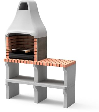 MOVELAR - Barbacoa de Obra Prefabricada de Leña y Carbón Modelo New Iberia Plus XL con Mini Soporte Lateral (Gris, Naranja - 128 x 47 x 190 cm) REF: M00049 - Cocina de Exterior para Jardín o Patio